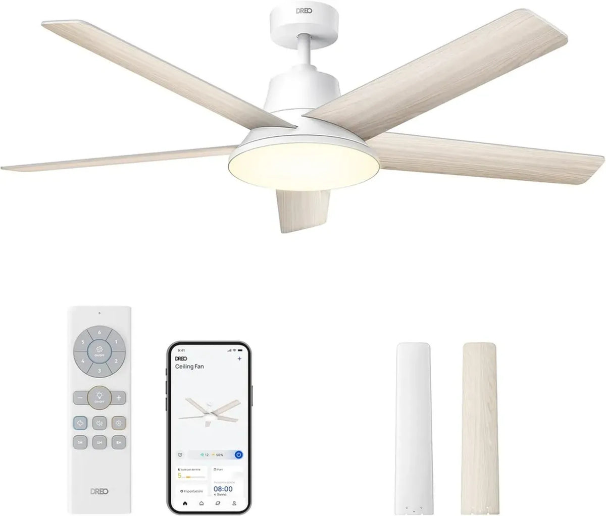 Ventilatore da soffitto intelligente Dreo 132 cm, 12 velocità, luce LED dimmerabile, controllo app e Alexa, bianco