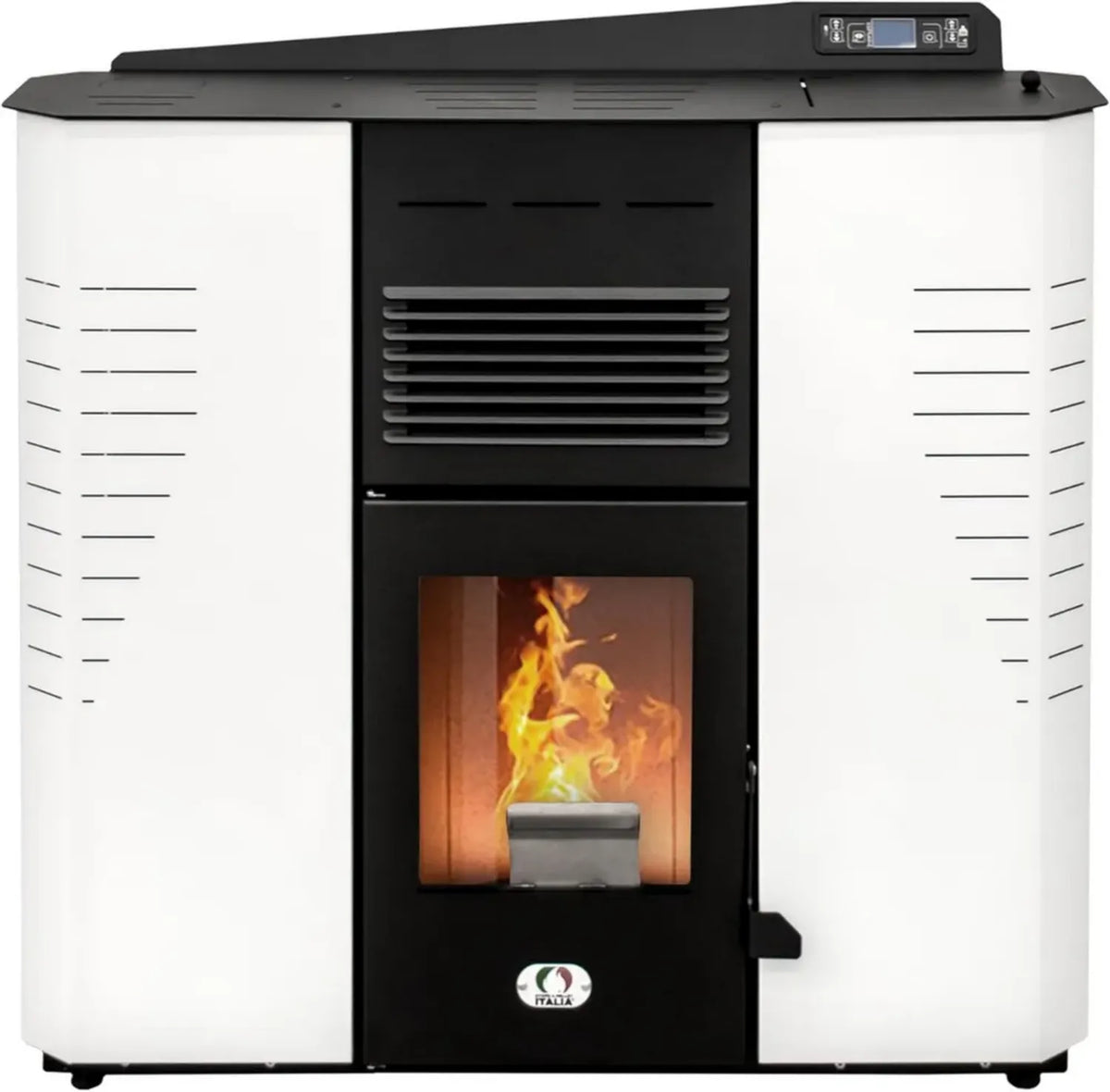 Stufa a Pellet Marmolada 13KW Canalizzata, 5 Stelle, Efficienza 89%, Autonomia 20 Ore, Programmabile, Bianco