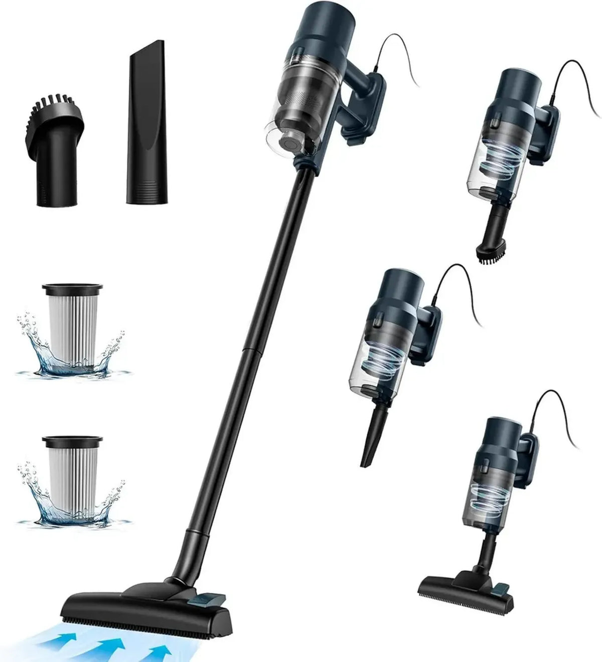 Scopa Elettrica 600W 21KPa con Filo, Aspirapolvere 6 in 1 Senza Sacco, 5m Cavo, 2 Filtri HEPA, per Pavimenti, Tappeti e Peli Animali