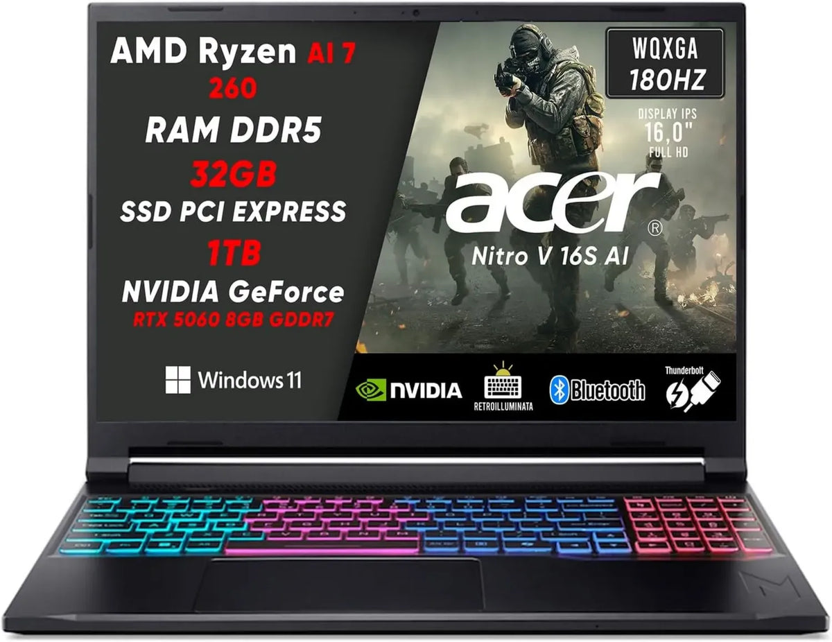Acer Nitro V16 PC Gaming, Ryzen 7 2600, GeForce 5060, 32GB RAM, 1TB SSD, Display 16'' FHD 180Hz, Tastiera RGB