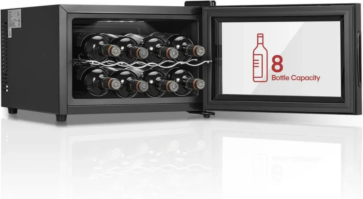 FOHERE Cantinetta Frigo 8 Bottiglie, Mini Frigorifero con Porta in Vetro, 22L LED e Display Digitale, Temperatura Regolabile 8-18°C, Monozona