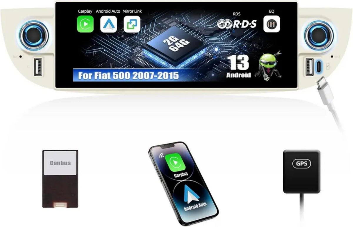 Autoradio Android 13 con 2GB+64GB per Fiat 500 2007-2015, Schermo 6.86 HD Touch, CarPlay/Android Auto, WiFi e Bluetooth