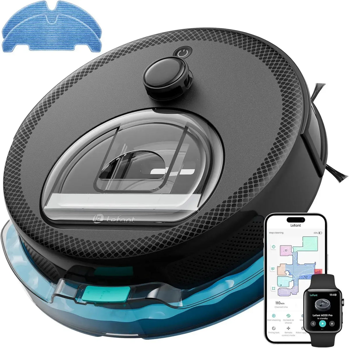 LEFANT M330 Pro Robot Lavapavimenti con Mappatura Intelligente, Potenza Aspirante 5000Pa, Anti-Groviglio, Navigazione Precisa, Perfetto per Tappeti e Pavimenti Duri, Compatibile con Alexa e App, Nero