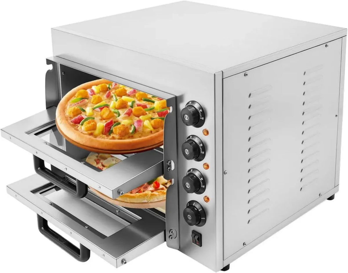 Forno elettrico a doppio livello 3000W per pizza con pietre in cordierite, temperatura fino a 400°C, ideale per pizzerie e uso domestico, acciaio inossidabile