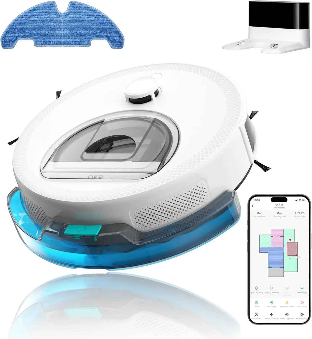 Robot Aspirapolvere e Lavapavimenti OKP L6 Aqua con LiDAR, 6000Pa, Controllo WiFi, Compatibile con Alexa e App, Mappatura Avanzata, Zone No-Go, Perfetto per Animali e Tappeti