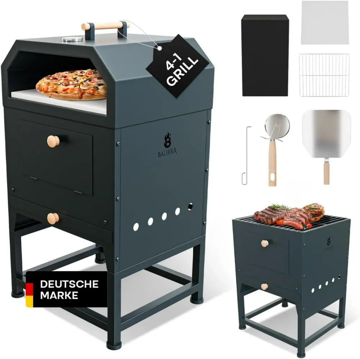Forno a Legna per Pizza da Esterno 4-in-1 con Griglia e Braciere | Accessori Inclusi